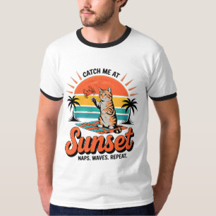 Sommar Katt Retro Solnedgång - Lekfull Strand Katt T Shirt