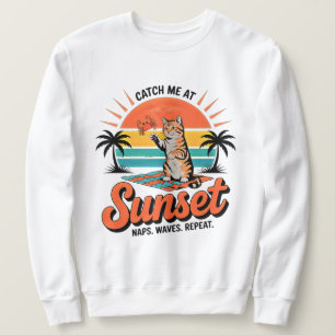Sommar Katt Retro Solnedgång Strand Design Lång Ärmad Tröja