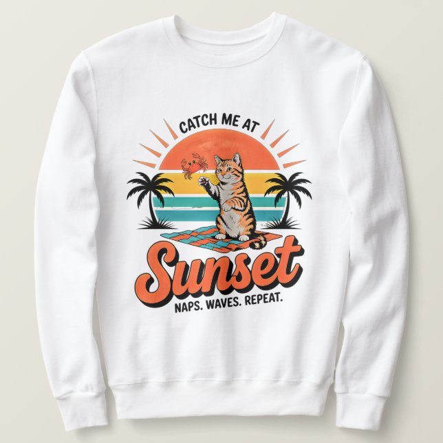 Sommar Katt Retro Solnedgång Strand Design Lång Ärmad Tröja (Design framsida)