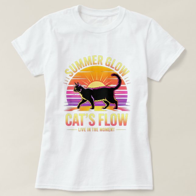 Sommar Katt Retro Solnedgång - Svarta Kattstränder T Shirt (Design framsida)