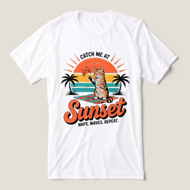 Sommar Katt Solnedgång - Retro Strand Tabby Kattun T Shirt (Design Framsida)