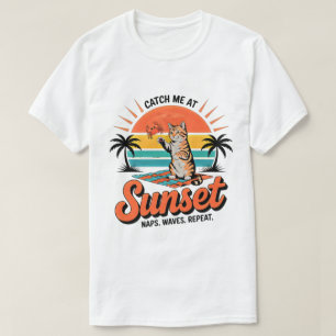 Sommar Katt Solnedgång Retro Strand Vibes T-Shirt