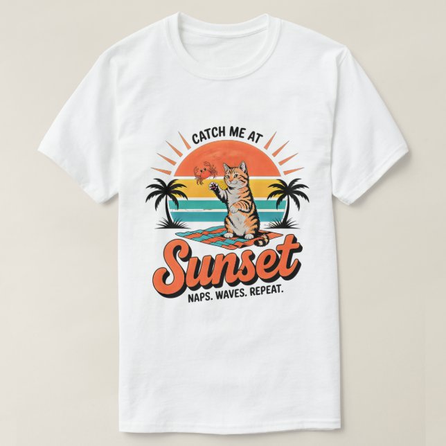 Sommar Katt Solnedgång Retro Strand Vibes T-Shirt (Design framsida)