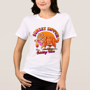Sommar Katt Solnedgång Sipper - Rolig Retro Strand T Shirt