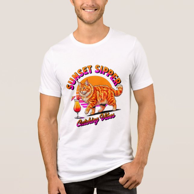 Sommar Katt Solnedgång Sipper - Rolig Retro Strand T Shirt (Framsida)