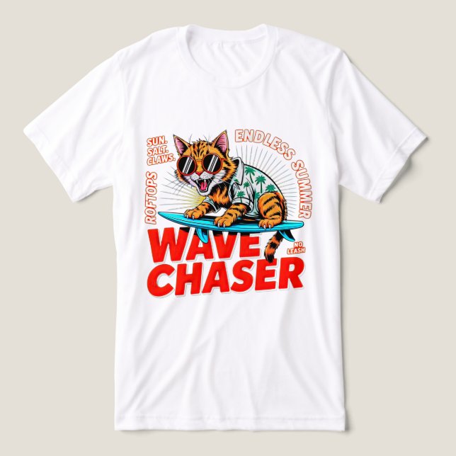 Sommar Katt Våg Jägare - Cool Surfing Katt Present T Shirt (Design Framsida)