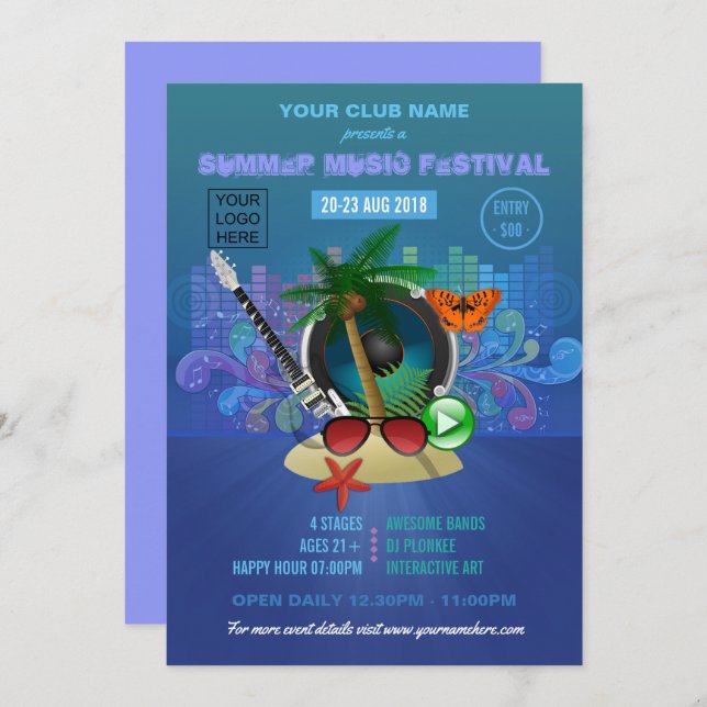 Sommar Klubb Beach Party add logotyp Inbjudningar (Fram/baksida)