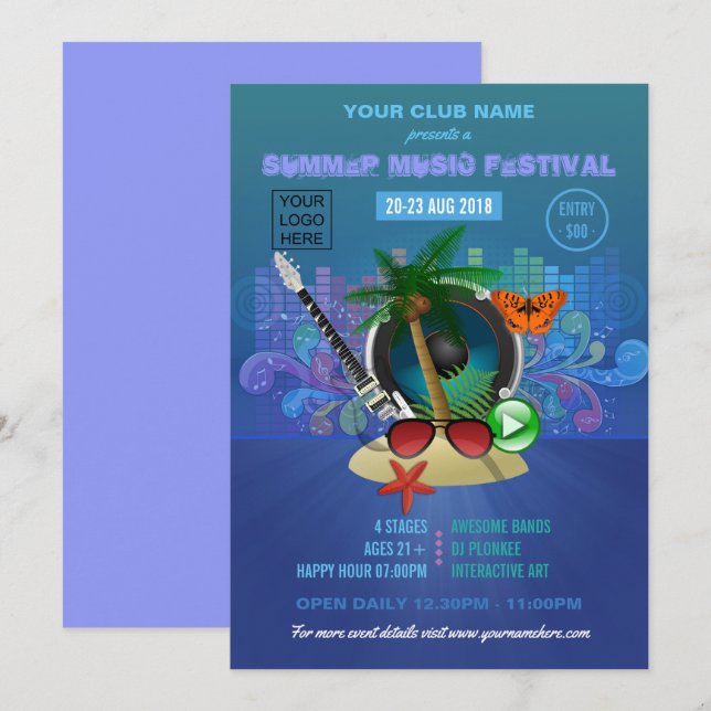 Sommar Klubb Strandfest add logo Inbjudningar (Fram/baksida)