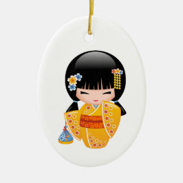 Sommar Kokeshi Docka - Flicka i Gult Kimono Julgransprydnad Keramik