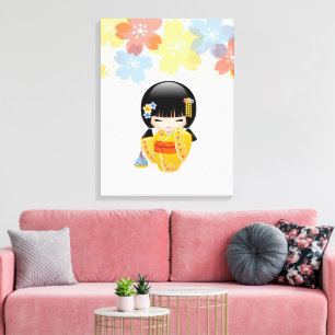 Sommar Kokeshi Docka - Geisha Flicka i Gul Kimono Canvastryck