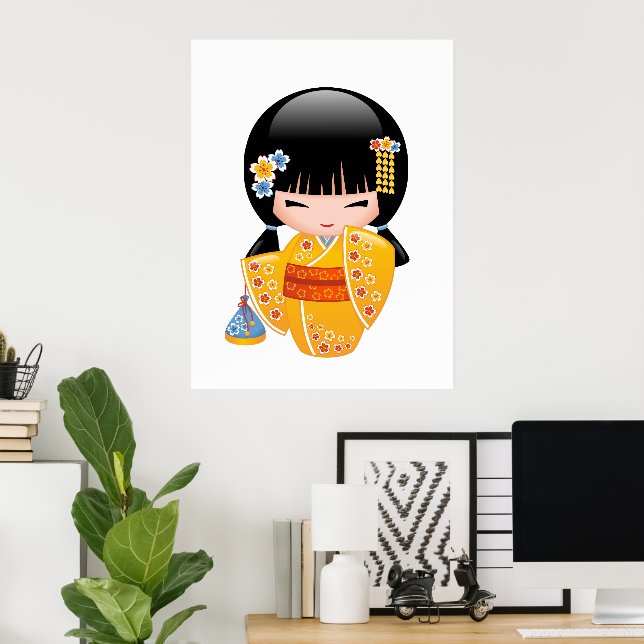 Sommar Kokeshi Docka - Geisha Flicka i Gul Kimono Poster (Hemmakontoret)