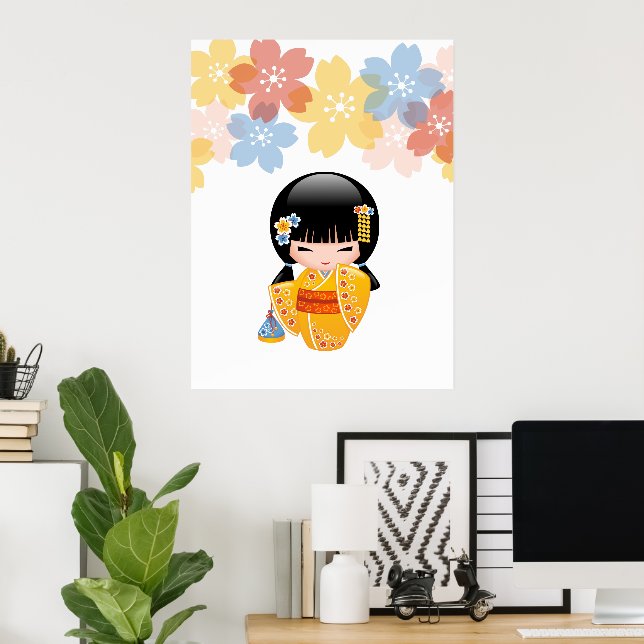 Sommar Kokeshi Docka - Geisha Flicka i Gul Kimono Poster (Hemmakontoret)