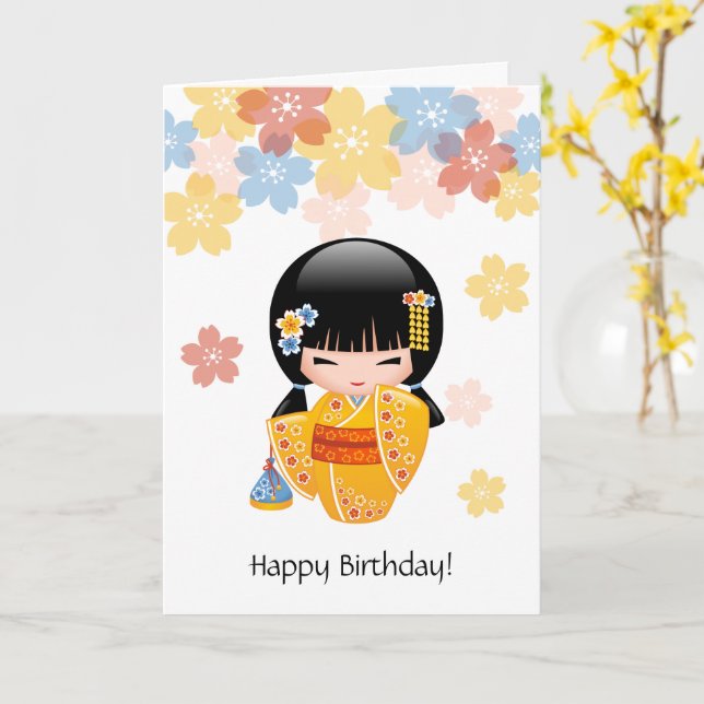 Sommar Kokeshi Doll - Cute Japansk flicka Birthday Kort (Gul blomma)