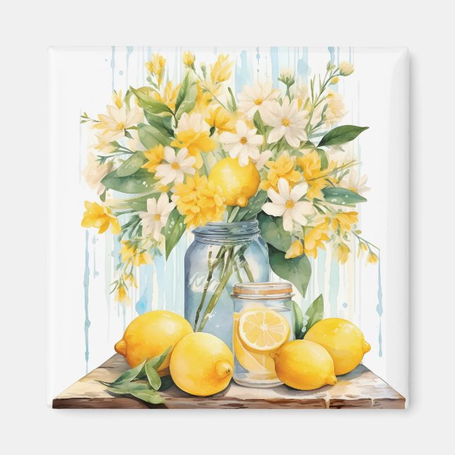 Sommar Lemon Blommar Burk Magnet (Framsidan)