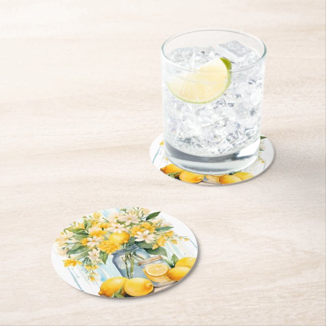 Sommar Lemon Blommar Burk Underlägg Papper Rund (Insitu)