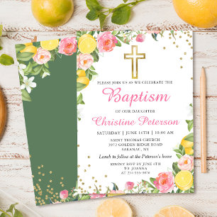 Sommar Lemon Greenery Rosa Blommigt Girl Baptism Inbjudningar