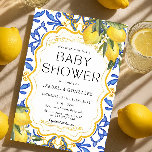 Sommar Lemon Mediterranean Baby Shower Inbjudningar (Summer Lemon Mediterranean Baby Shower Invitation)