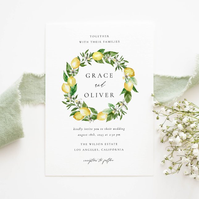 Sommar Lemon och Greenery Wandeine QR-kod Bröllop Inbjudan Vykort ( Customizable QR Code Wedding Invitation Postcard with Watercolor Lemons, Blossoms & Greenery)