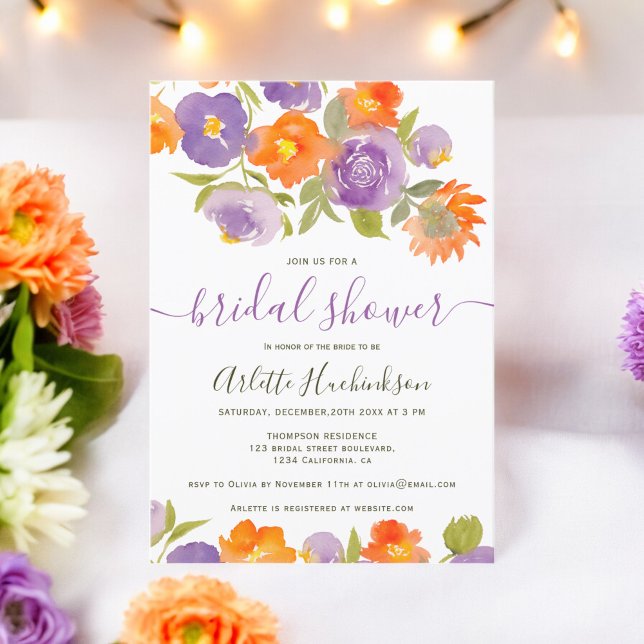 Sommar Lila Orange Blommigt Boho Möhippa Inbjudningar (Summer Purple Orange Floral Boho Bridal Shower Invitation)