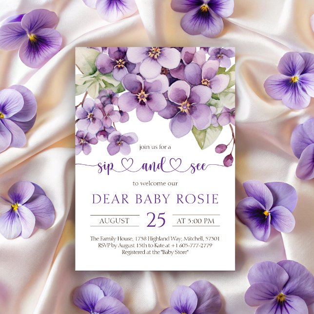 Sommar Lila Violet Flowers Baby Sip och se Inbjudningar (Summer Purple Violet Flowers Baby Sip and See Invitation)