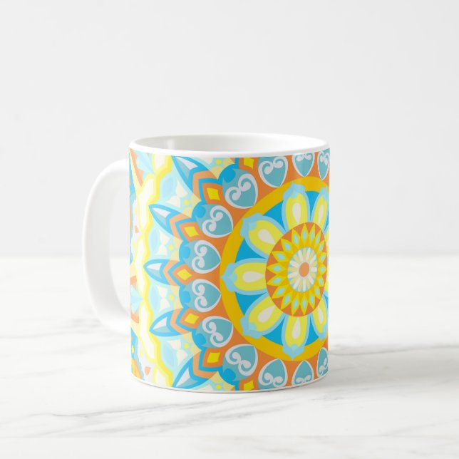 Sommar Mandala Gul Orange Blå Boho Blommig Kaffemugg (Framsida vänster)