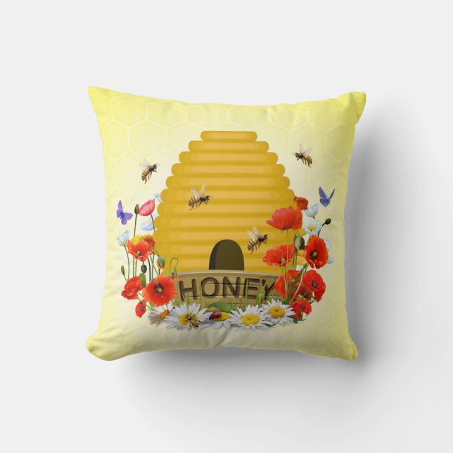 Sommar Meadow Beehive och Honungsbete Kudde (Framsida)