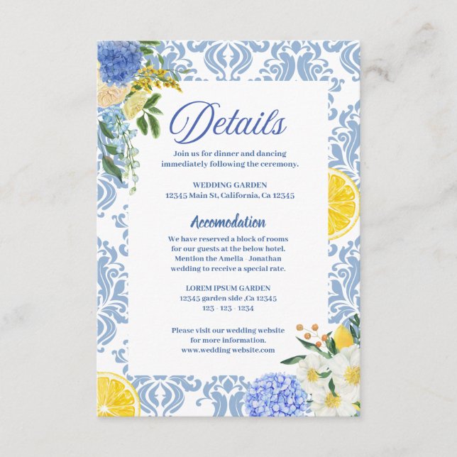 Sommar Medelhavet citron Bröllopsdetaljer Tilläggskort (Framsida)