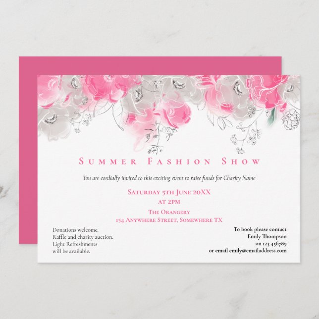 Sommar Mode Show Event Blommigt Rosa Grått Inbjudningar (Fram/baksida)