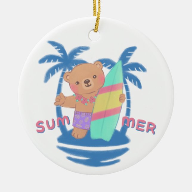 Sommar Nalle Surfer i Hawaii Julgransprydnad Keramik (Framsidan)