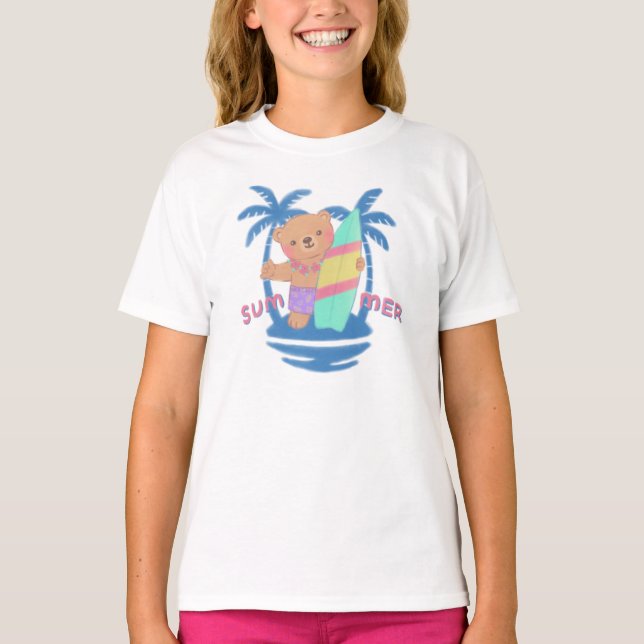 Sommar Nalle Surfer i Hawaii T Shirt (Framsida)