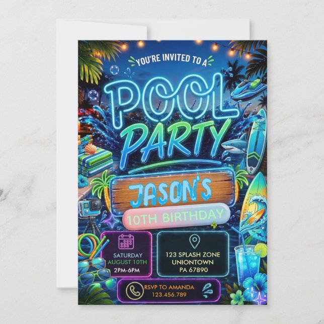 Sommar Neon Pool Party Pojkfödelsedag Inbjudningar (Framsida)