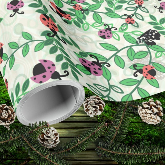 Sommar - Nyckelpigor, Fjärilar och Löv - Rulle Presentpapper (Summer - Lady Bugs, Butterflies and Leaves - Roll Wrapping Paper)