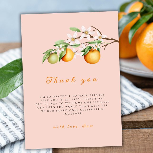 Sommar-Orangen Citrus Clementine Baby Shower Tack Kort (Summer Orange Citrus Clementine Baby Shower Thank You Card)