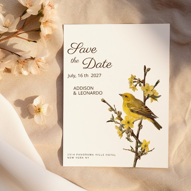 Sommar på botaniska gultens fågelblomma Spara datu Inbjudningar (Botanic yellow bird flower summer Save the Date)
