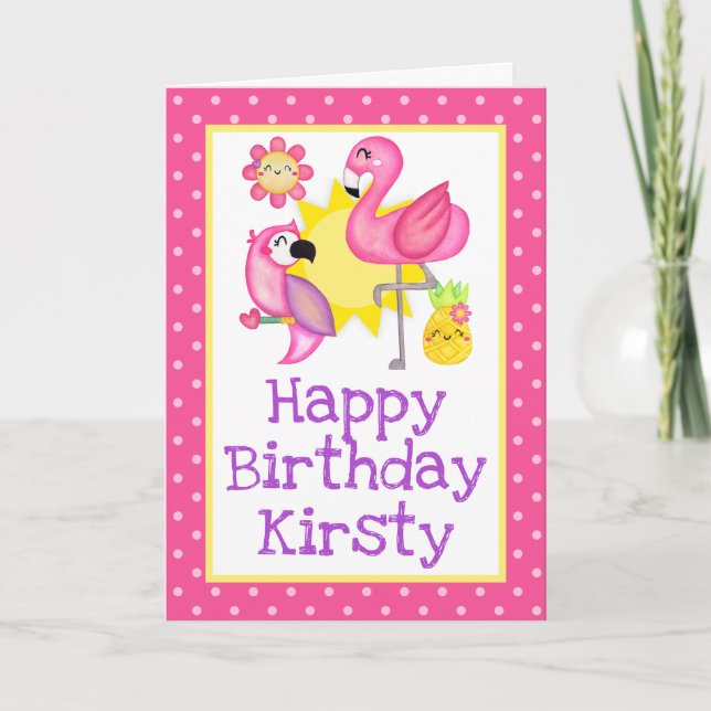 Sommar Paradise Flamingo Parrot Birthday Kort (Framsida)
