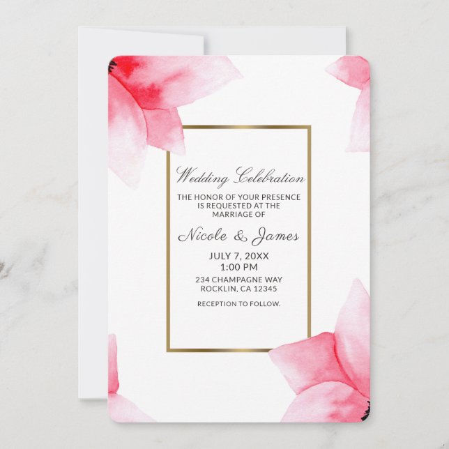 Sommar Päronkorall Vattenfärg Blommig Bröllop Inbjudningar (Framsida)