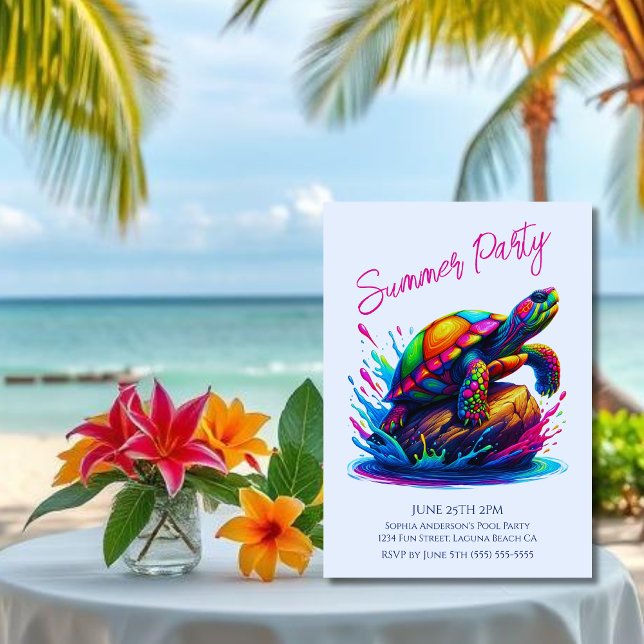 Sommar Party-Colorful Turtle Stänk Inbjudningar (Colorful Turtle Splash-Fisherman Core-Dopamine Dressing-Summer Party Invitation-White)