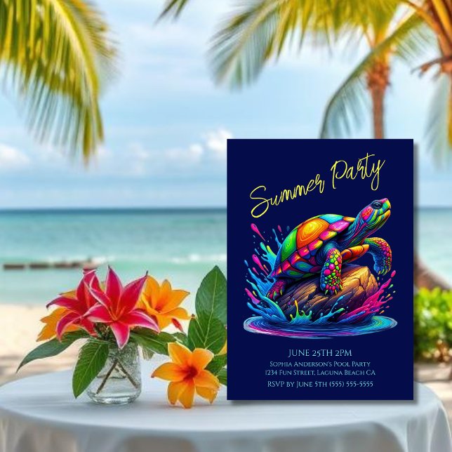 Sommar Party-Colorful Turtle Stänk Inbjudningar (Colorful Turtle Splash-Fisherman Core-Dopamine Dressing-Summer Party Invitation-Blue)