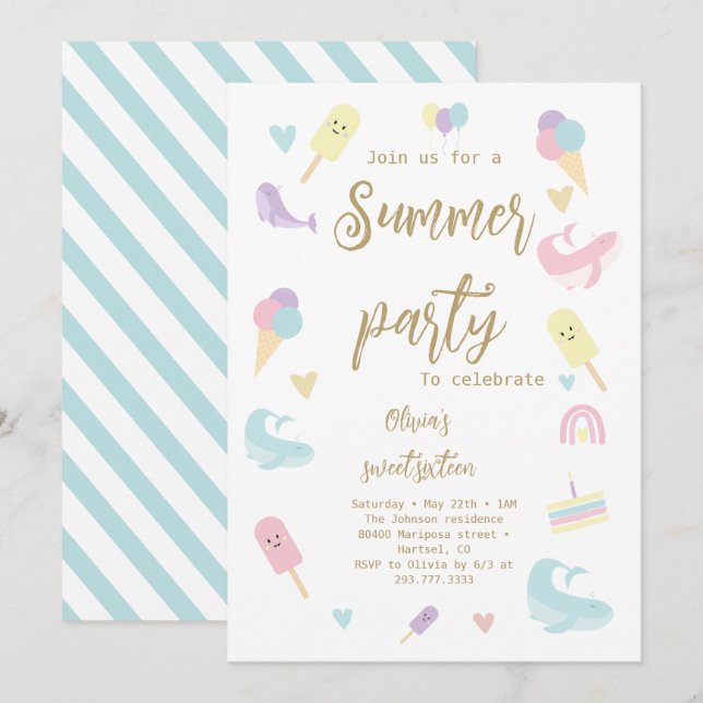Sommar Party Ice Cream Calligraphy Födelsedagsfest Inbjudningar (Fram/baksida)