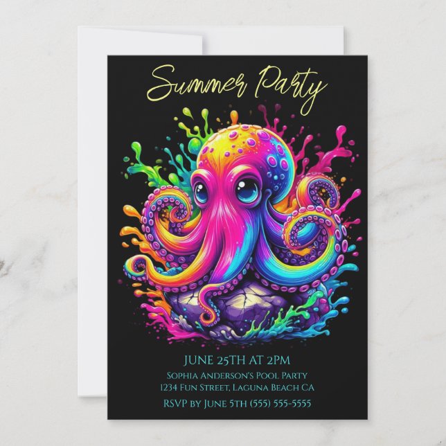 Sommar-Party - Inbjudan till Stänk i Octopus-färgä (Framsida)