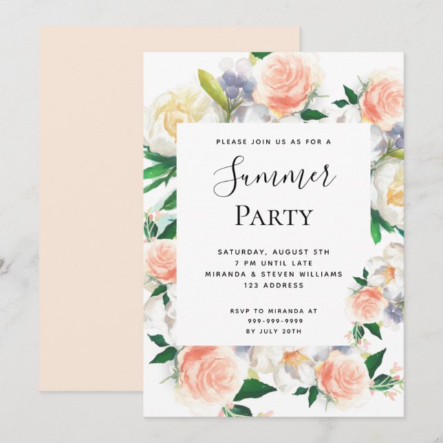 Sommar-party lush-blommigtar, vit korallpersika inbjudningar (Fram/baksida)