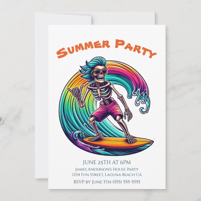 Sommar Party- Skeleton Surfer Riding A Wave- Inbjudningar (Framsida)
