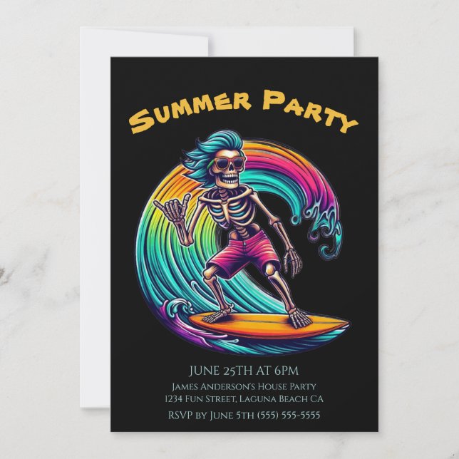 Sommar Party- Skeleton Surfer Riding A Wave- Inbjudningar (Framsida)