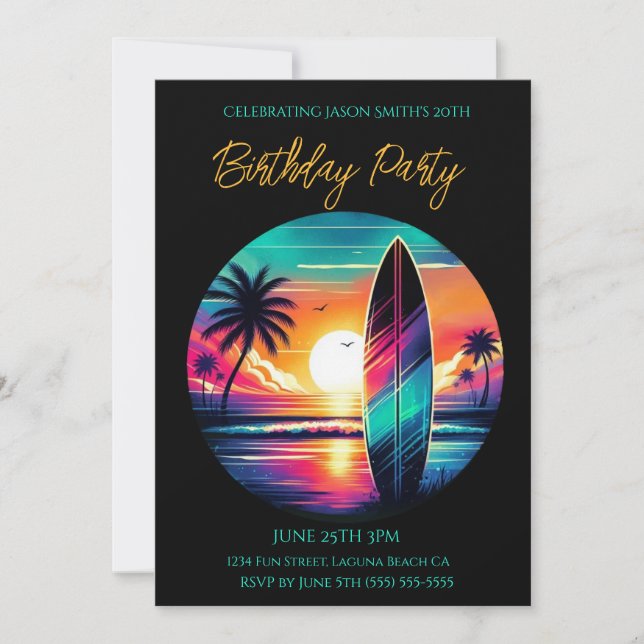 Sommar-Party-Sunset Surfboard Vibes- Inbjudningar (Framsida)