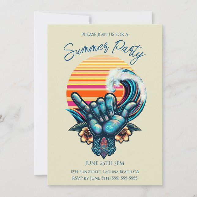 Sommar Party- Surfing a Big Wave-Hand Symbol-Retro Inbjudningar (Framsida)