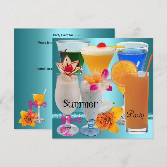Sommar Party Tropical Blue Teal Cocktail Drinks Inbjudningar (Fram/baksida)