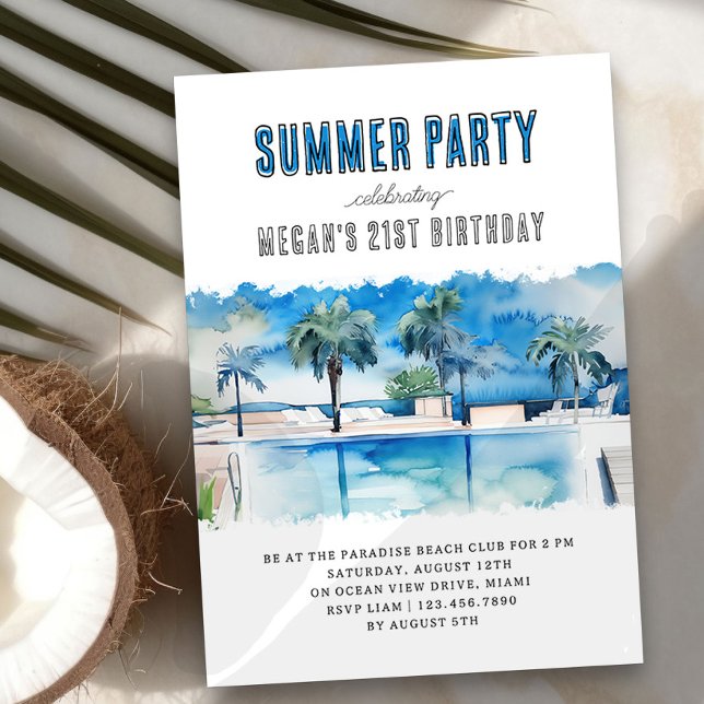 Sommar-Party-vattenfärgen Tropical Bassäng-födelse Inbjudningar (Summer Birthday Party Invitation with inviting pool scene)