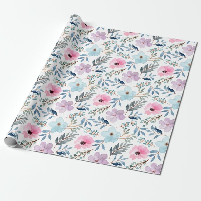 Sommar Pastellblå Akvarell Blommor Mönster  Presentpapper (Utrullad)