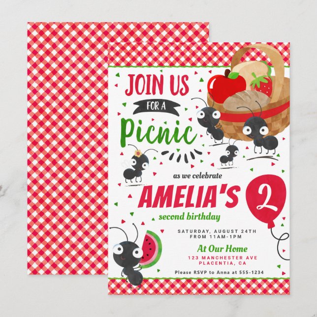 Sommar Picnic i parkens Födelsedagsfest Inbjudningar (Fram/baksida)