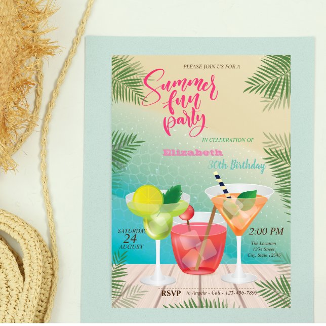 Sommar, Pool, Cocktail Födelsedagsfest Inbjudningar (Skapare uppladdad)